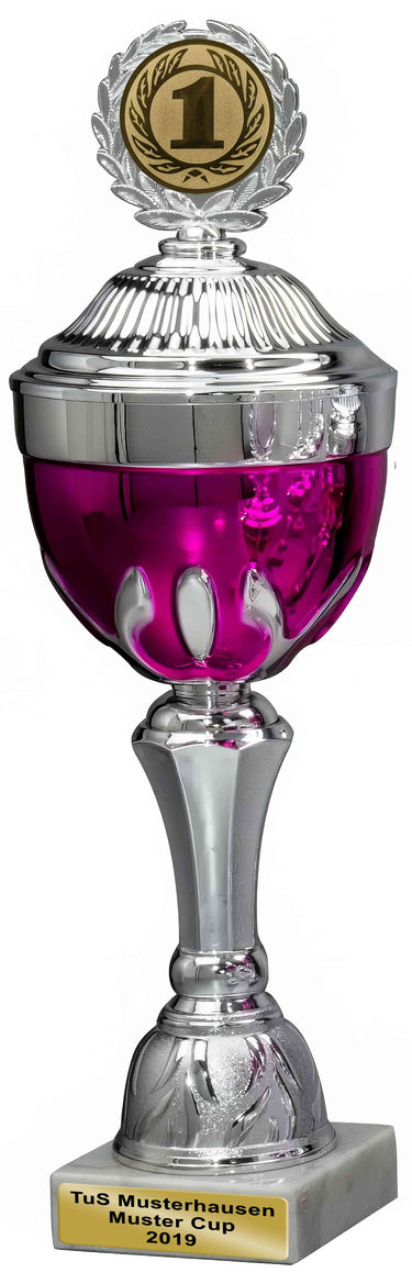 Ein silber-violetter Pokal Bielefeld 4-er Pokalserie 288 mm - 327 mm PK759620-4-E50 mit einem goldenen „1“-Medaillon oben. Auf der Unterseite steht „Tus Musterhausen Muster-Cup 2010“.